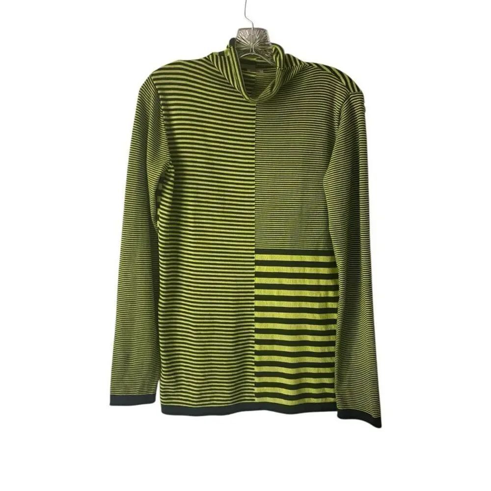 Title Nine Synergy Rolled Mock Neck Sweater Medium Lime Green Striped Turtleneck